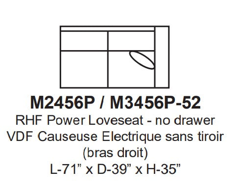 Technical drawing of a loveseat with dimensions and specifications on a white background