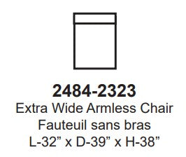 Technical drawing of an extra wide armless chair with dimensions on a white background