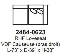 Product label for a RHF Loveseat with dimensions and specifications.