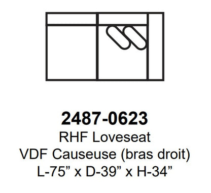 Technical drawing of a loveseat with dimensions and model number on a white background
