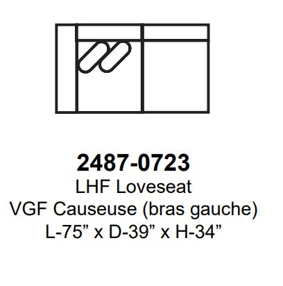 Technical drawing of a loveseat with dimensions and part number on a white background