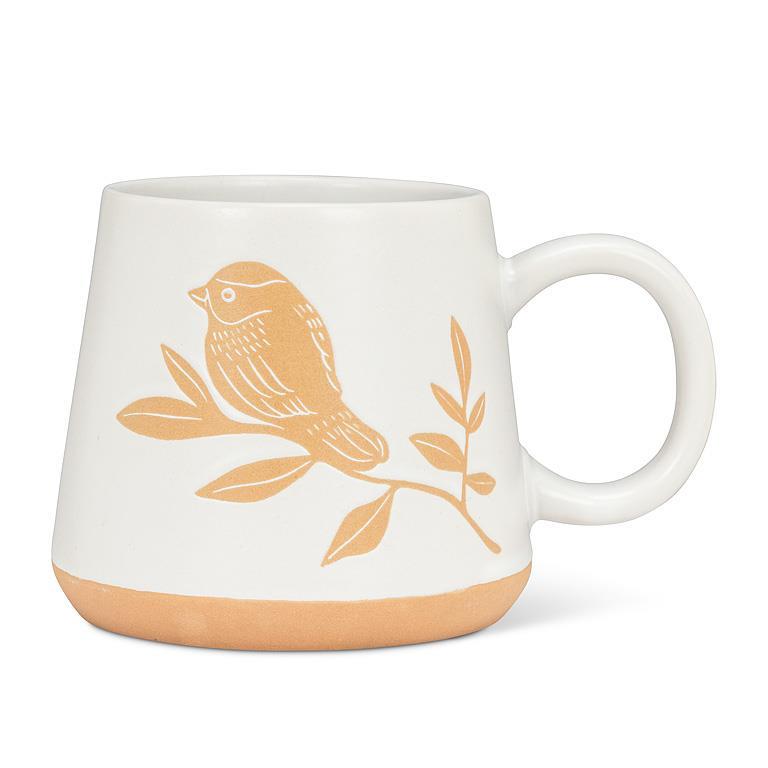 White mug with a brown bird design on a white background