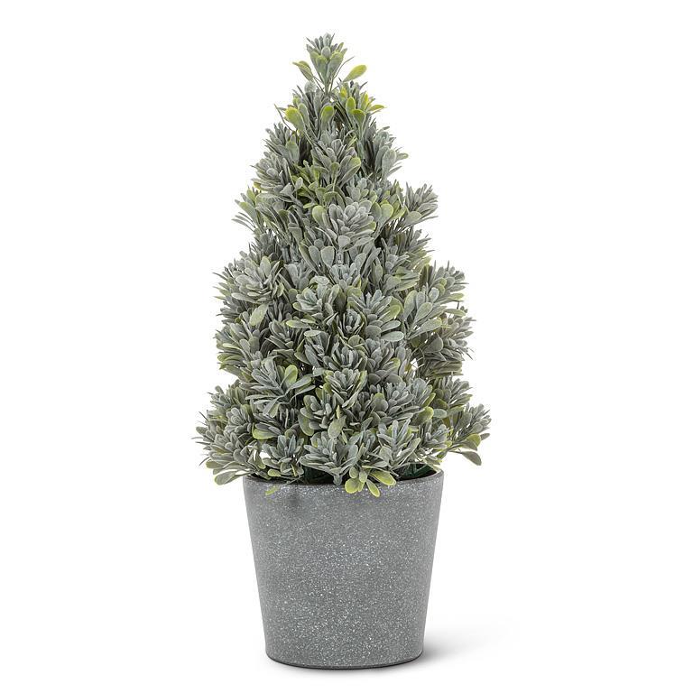 Potted artificial tree with a gray pot on a white background