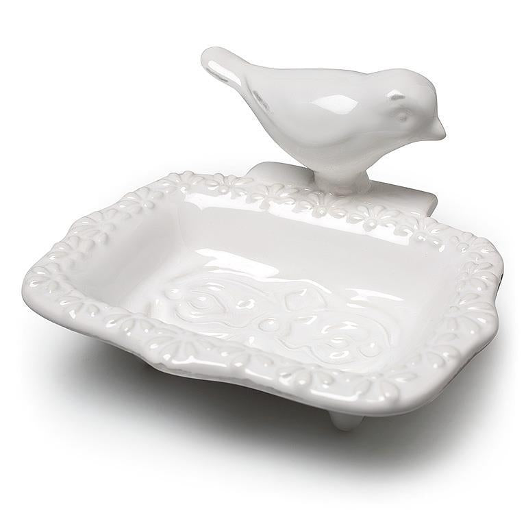 White Ceramic Soap Dish With Bird