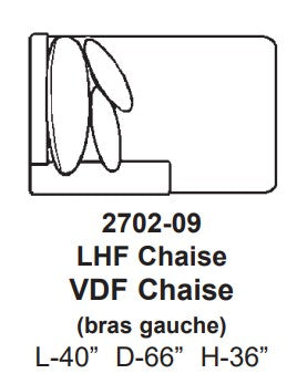 Technical drawing of a chair component labeled 'LHF Chaise VDF Chaise' with dimensions.