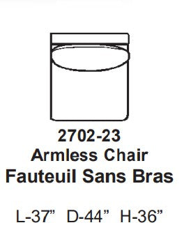 Technical drawing of an armless chair with dimensions labeled