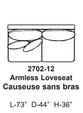 Diagram of an armless loveseat with dimensions labeled