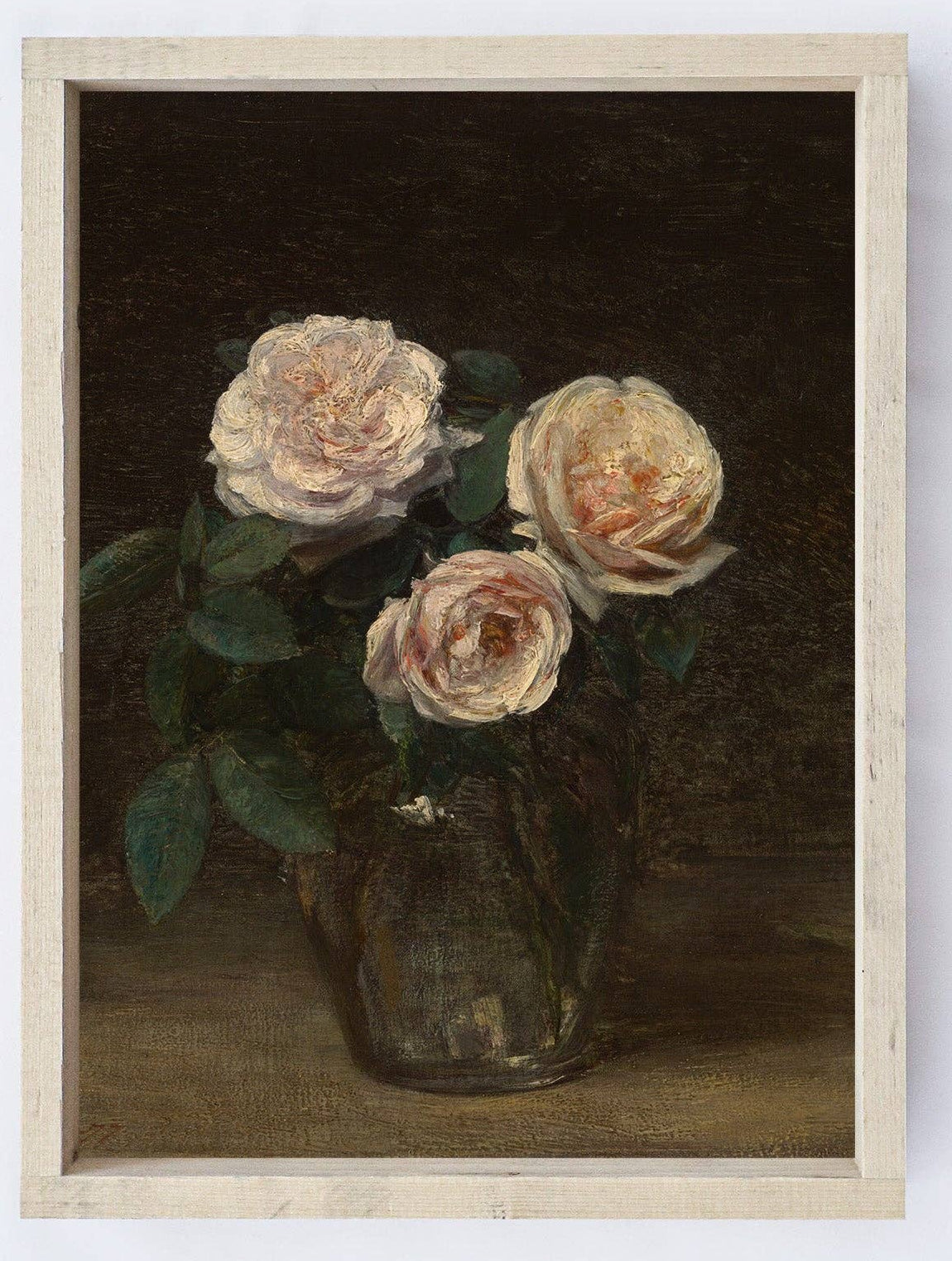Framed artwork of a still life with roses in a glass vase on a dark background.
