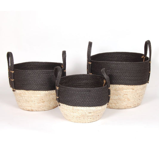 Black and Tan Straw Basket