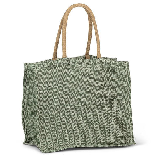 Green tote bag with herringbone pattern and brown handles on a white background