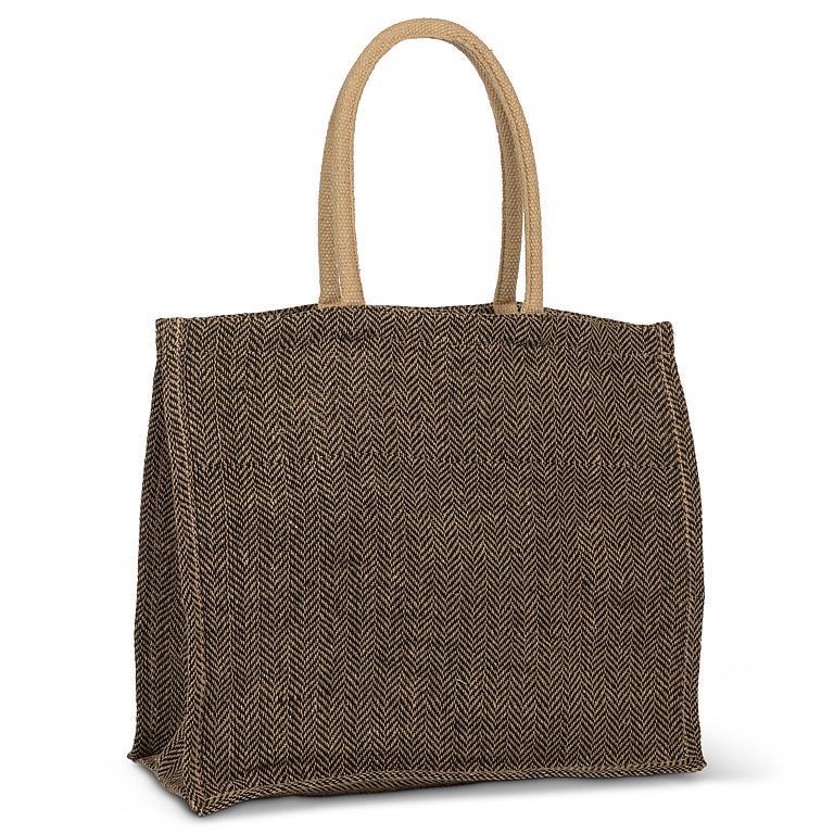 Brown woven tote bag with beige handles on a white background