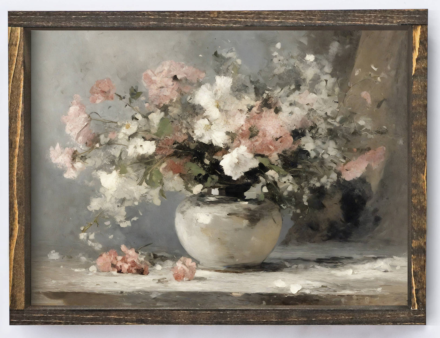 Framed artwork of a still life with flowers and a vase on a white wall.