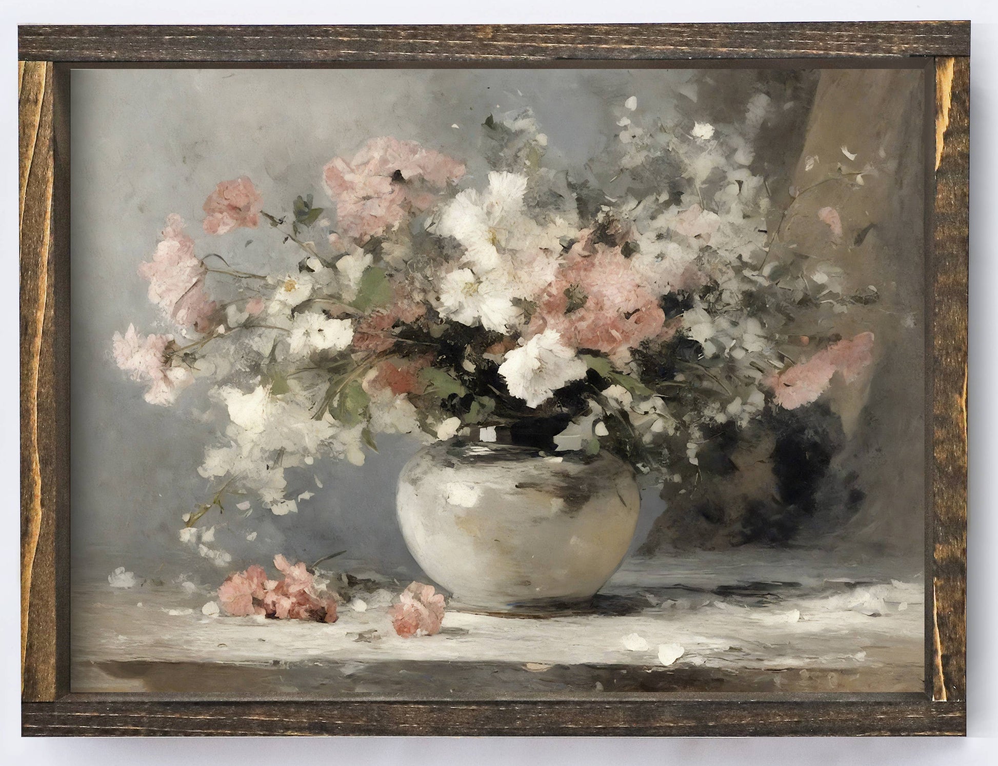 Framed artwork of a still life with flowers and a vase on a white wall.