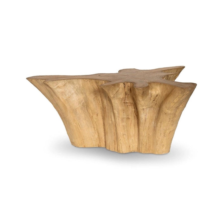 Wooden table with a natural, organic shape on a white background