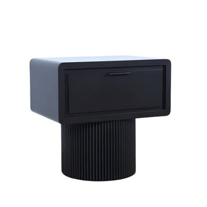 Modern side table with a black drawer and textured base on a white background