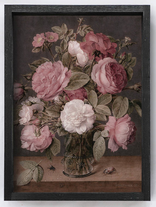 Framed artwork of pink and white flowers in a glass vase on a white background