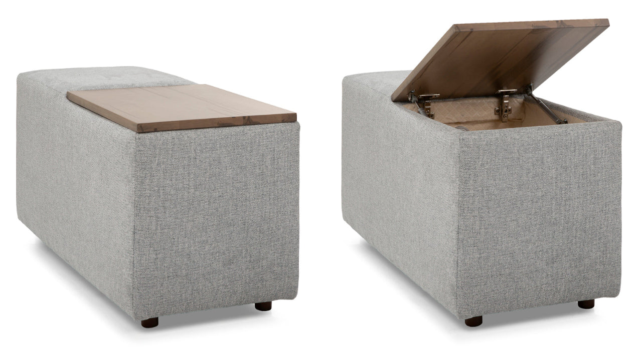 Two gray storage ottomans with wooden tops on a white background