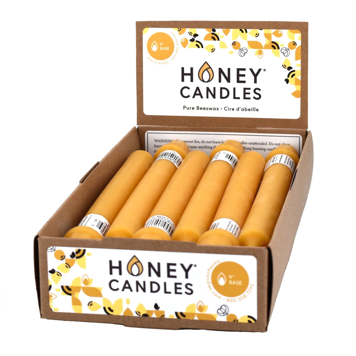 Box of honey candles with visible branding on a white background