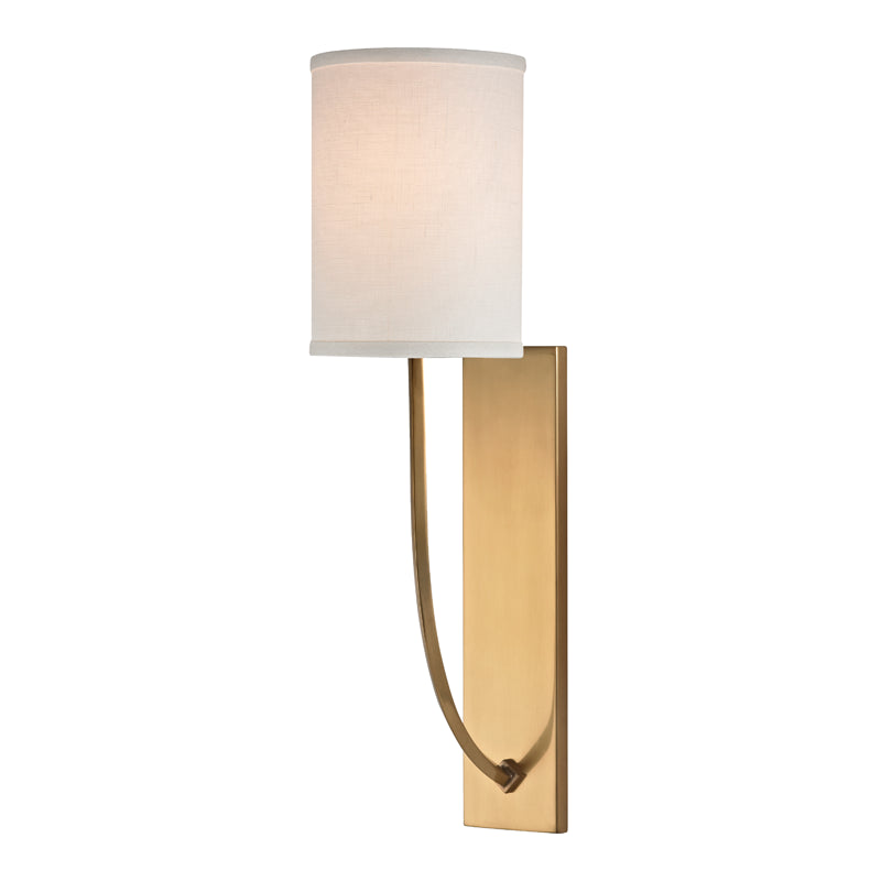 Wall sconce with a white shade and gold finish on a white background