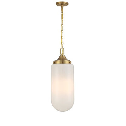 Pendant light with white glass shade and brass fixture on a white background