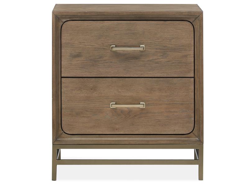 Wooden nightstand with two drawers and metal handles on a white background