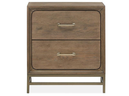 Wooden nightstand with two drawers and metal handles on a white background