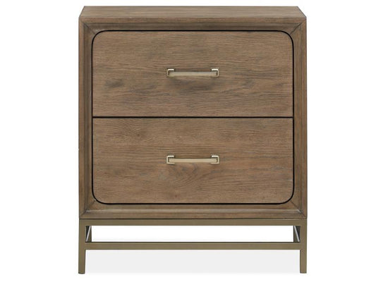 Wooden nightstand with two drawers and metal handles on a white background