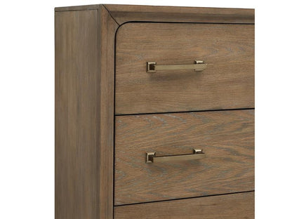 Wooden dresser with two drawers and brass handles on a white background