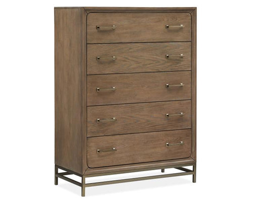 Wooden dresser with five drawers on a white background