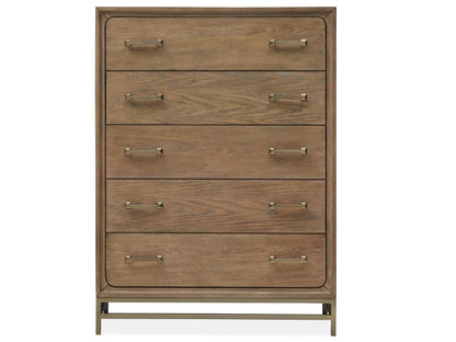 Wooden dresser with five drawers on a white background