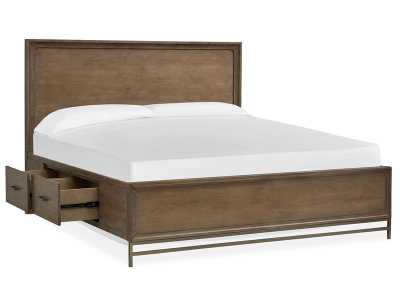 Wooden bed frame with white mattress and drawers on a white background