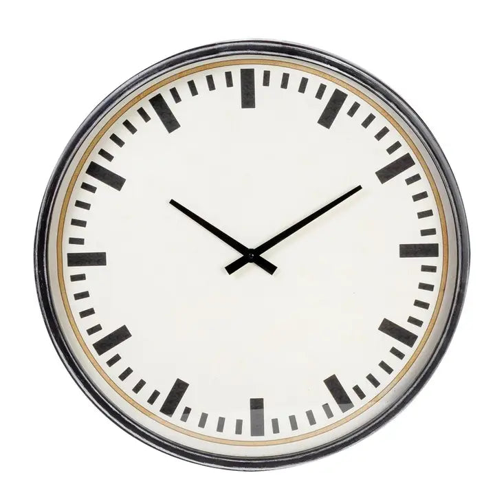 Round wall clock with black hands and black Roman numerals on a white background