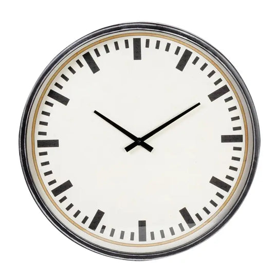 Round wall clock with black hands and black Roman numerals on a white background