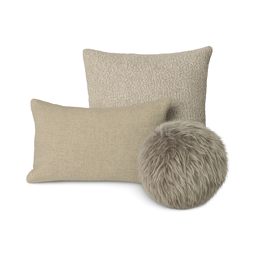 Two textured pillows and a fluffy ball on a white background