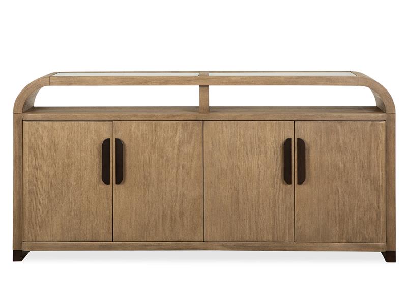 Wooden sideboard with glass top on a white background