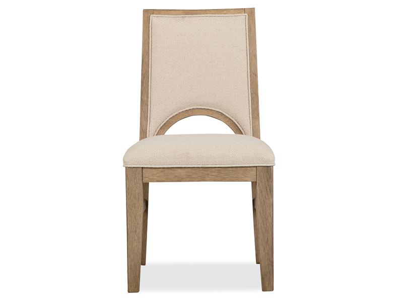 Beige upholstered chair with wooden frame on a white background