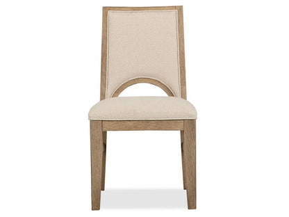 Beige upholstered chair with wooden frame on a white background