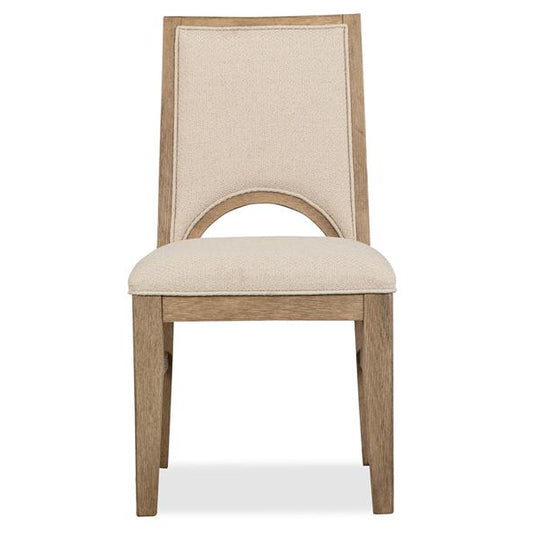 Beige upholstered chair with wooden frame on a white background