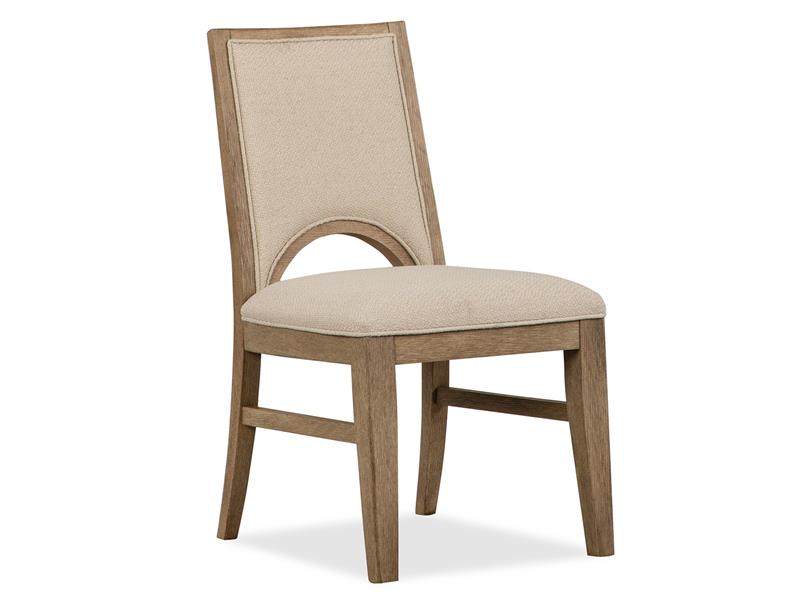 Beige upholstered chair with wooden frame on a white background
