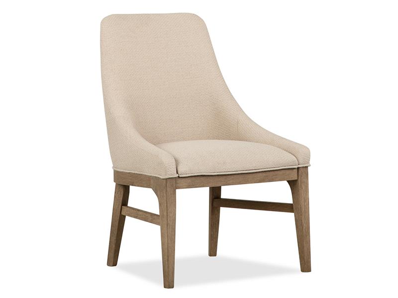 Beige upholstered chair with wooden legs on a white background