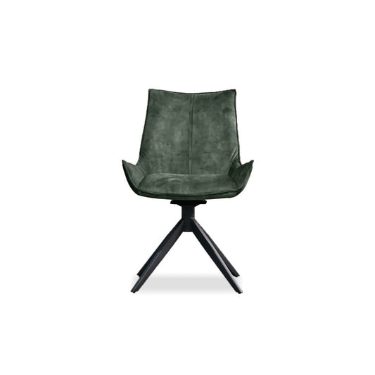 Green leather chair with black metal base on a white background