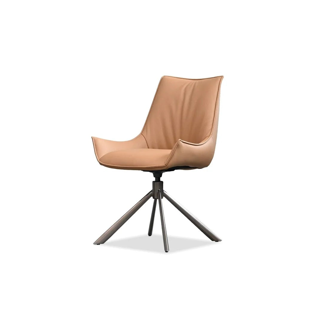 Tan chair with a metallic base on a white background