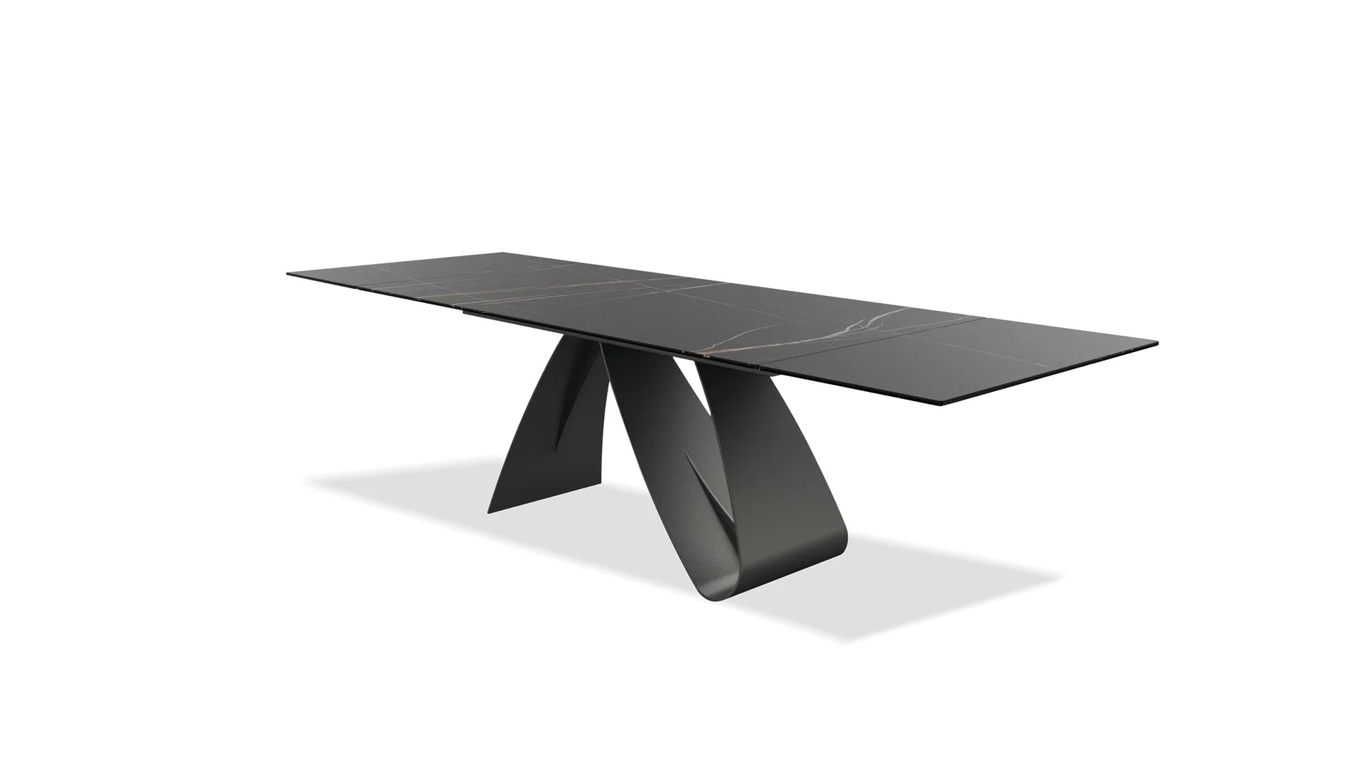 Modern black dining table on a white background