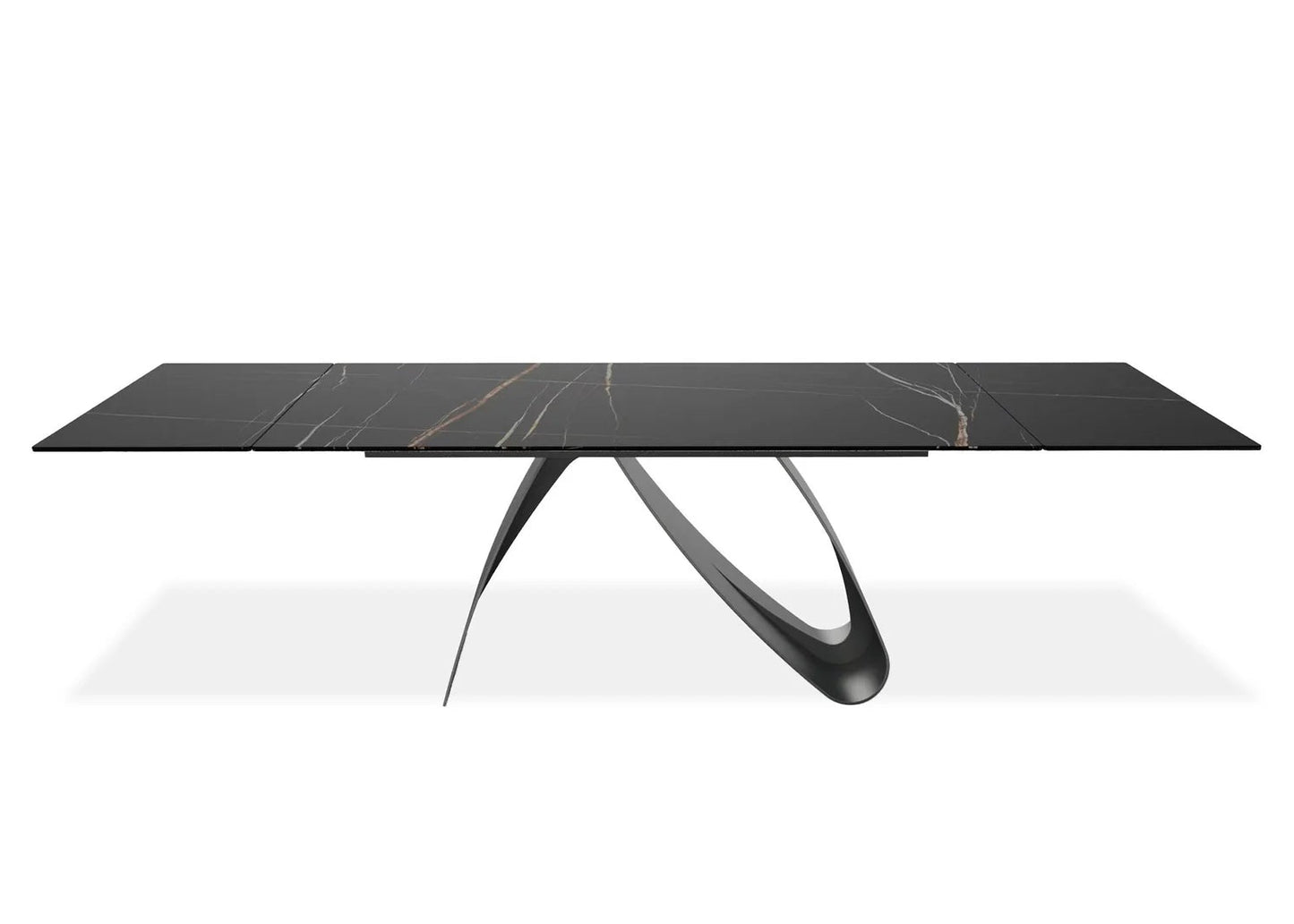 Modern black marble dining table with unique legs on a white background