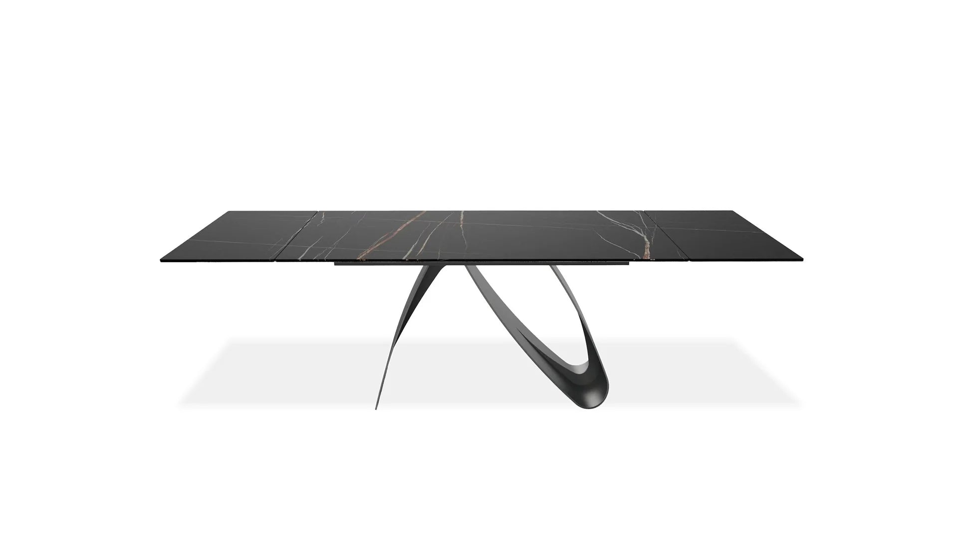 Modern black marble dining table with unique legs on a white background
