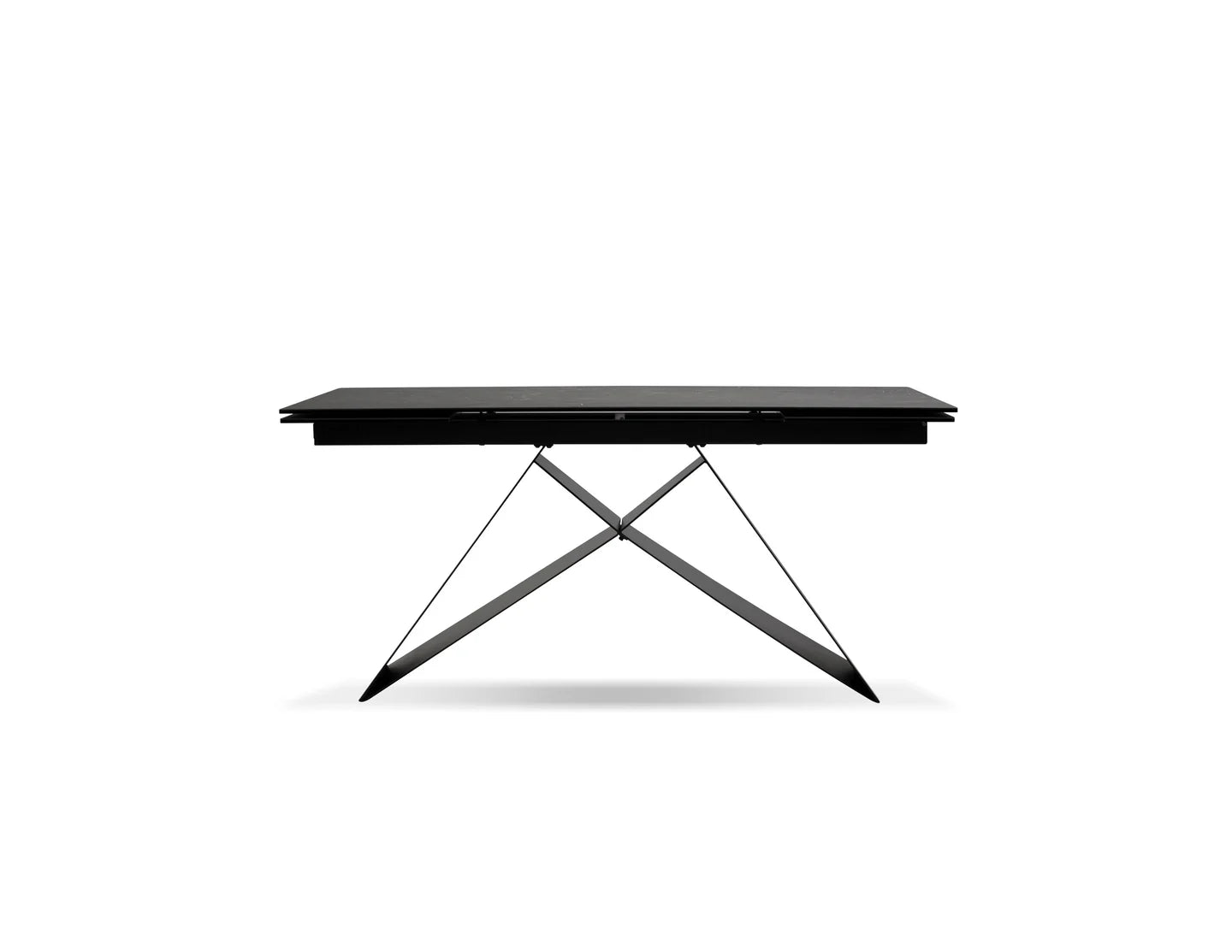Black table with X-shaped metal legs on a white background