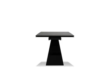 Black rectangular table with a unique triangular base on a white background