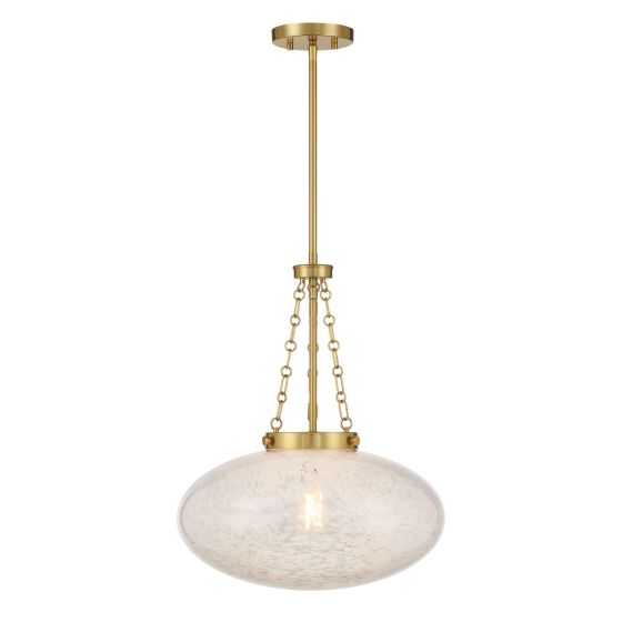 Pendant light with gold fixture and marble-like shade on a white background