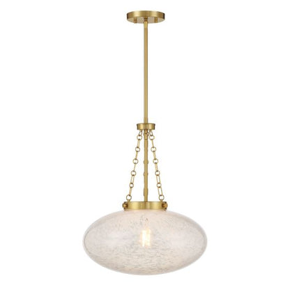 Pendant light with gold fixture and marble-like shade on a white background