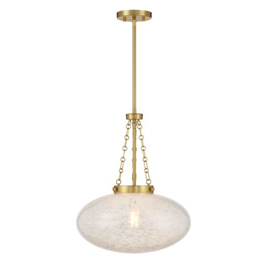 Pendant light with gold fixture and marble-like shade on a white background